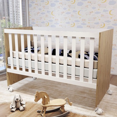 Berço Soninho com Rodízios Carvalho/Branco - Panorama Móveis