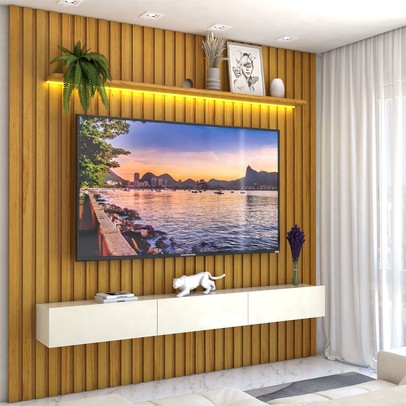 Painel para TV Até 85 Polegadas Imperial 3 Gavetas Ripado 100% Mdf Naturale/Off White - Panorama Móveis