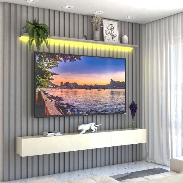Painel para TV Até 85 Polegadas Imperial 3 Gavetas Ripado 100% Mdf Cinza/Off White - Panorama Móveis