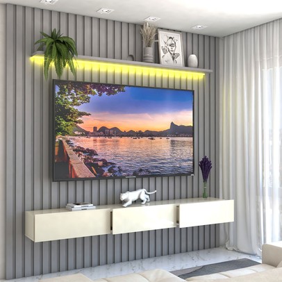 Painel para TV Até 85 Polegadas Imperial 3 Gavetas Ripado 100% Mdf Cinza/Off White - Panorama Móveis