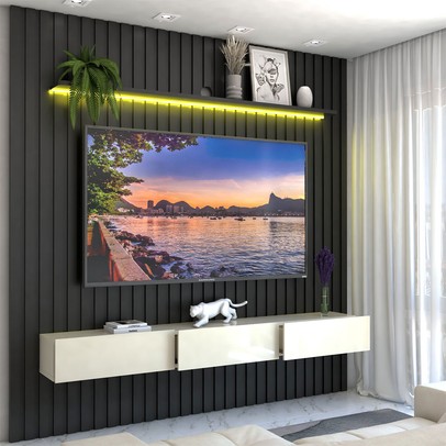 Painel para TV Até 85 Polegadas Imperial 3 Gavetas Ripado 100% Mdf Grafite/Off White - Panorama Móveis