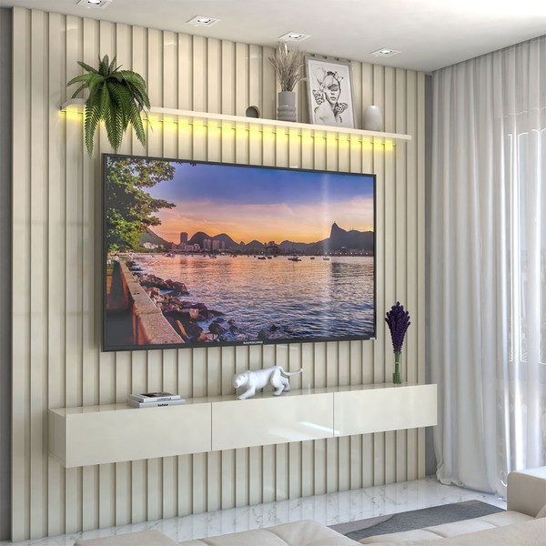 Painel para TV Até 85 Polegadas Imperial 3 Gavetas Ripado 100% Mdf Off White - Panorama Móveis