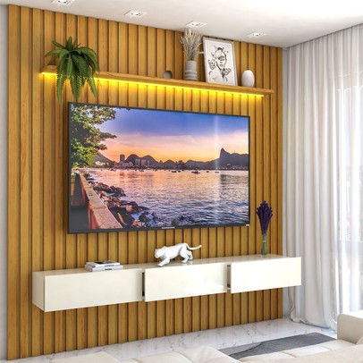 Painel para TV Até 85 Polegadas Noronha 3 Gavetas Ripado 100% Mdf Naturale/Off White - Pnr Móveis