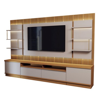 Estante para TV Até 70 Polegadas Horizonte 2 Portas 2 Gavetas Ripado com Led Tauari/Off White Fosco - Panorama Móveis