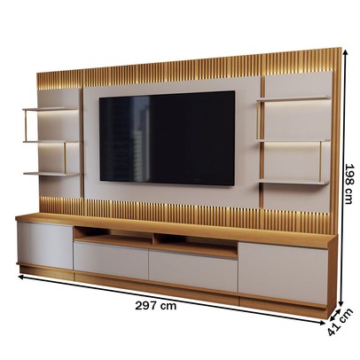 Estante para TV Até 70 Polegadas Horizonte 2 Portas 2 Gavetas Ripado com Led Tauari/Off White Fosco - Panorama Móveis