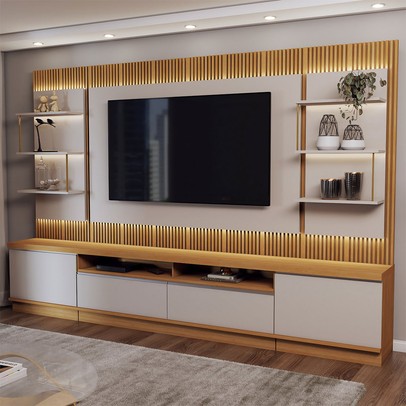 Estante para TV Até 70 Polegadas Horizonte 2 Portas 2 Gavetas Ripado com Led Tauari/Off White Fosco - Panorama Móveis