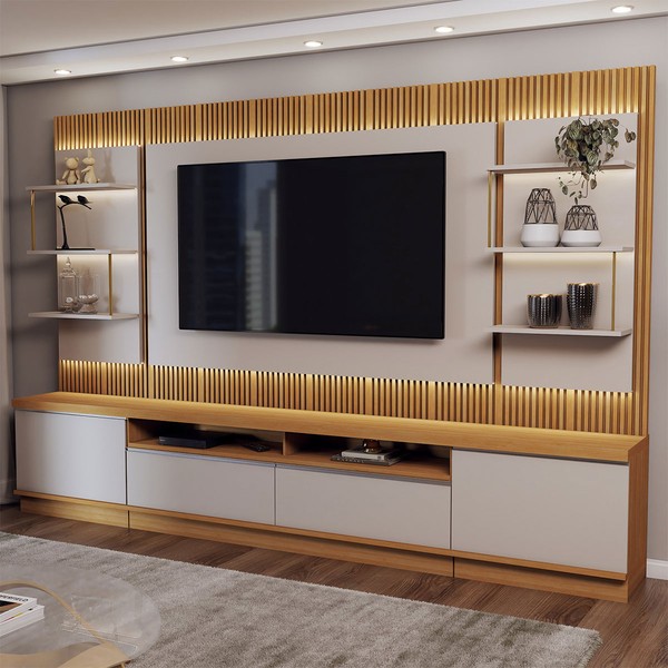 Estante para TV Até 70 Polegadas Horizonte 2 Portas 2 Gavetas Ripado com Led Tauari/Off White Fosco - Panorama Móveis