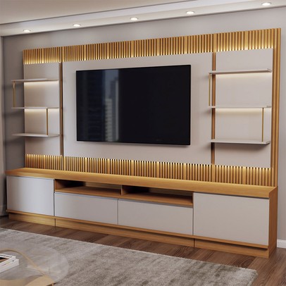 Estante para TV Até 70 Polegadas Horizonte 2 Portas 2 Gavetas Ripado com Led Tauari/Off White Fosco - Panorama Móveis