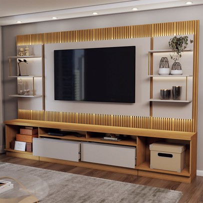 Estante para TV Até 70 Polegadas Horizonte 2 Portas 2 Gavetas Ripado com Led Tauari/Off White Fosco - Panorama Móveis