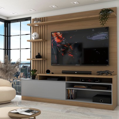 Estante para TV Até 65 Polegadas Escandinávia 1 Porta com Led Freijó/Cinza Fosco - Panorama Móveis