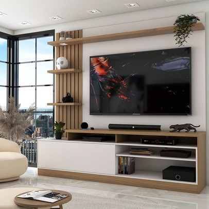 Estante para TV Até 65 Polegadas Escandinávia 1 Porta com Led Freijó/Off White - Panorama Móveis