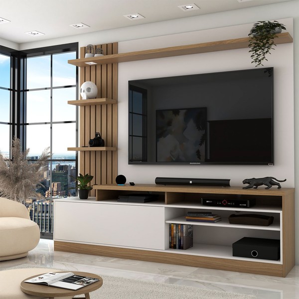 Estante para TV Até 65 Polegadas Escandinávia 1 Porta com Led Freijó/Off White - Pnr Móveis