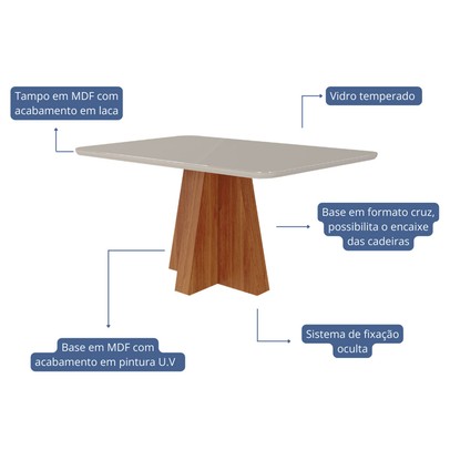 Mesa de Madeira Patrícia 130 Cm com Vidro Cinamomo/Off White - Cimol