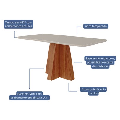 Mesa de Madeira Patrícia 160 Cm com Vidro Cinamomo/Off White - Cimol