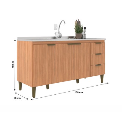 Balcão de Cozinha para Pia 160 Cm Sara 3 Portas 3 Gavetas Freijó - Jcarvalho