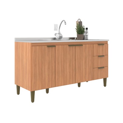 Balcão de Cozinha para Pia 160 Cm Sara 3 Portas 3 Gavetas Freijó - Jcarvalho