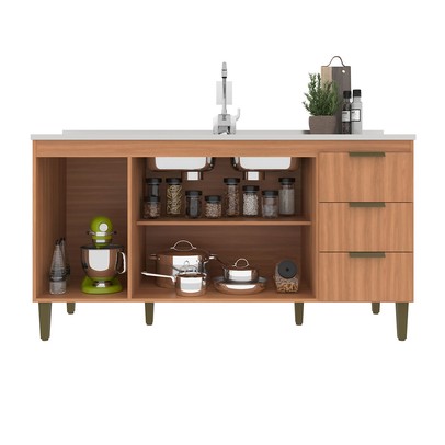 Balcão de Cozinha para Pia 160 Cm Sara 3 Portas 3 Gavetas Freijó - Jcarvalho