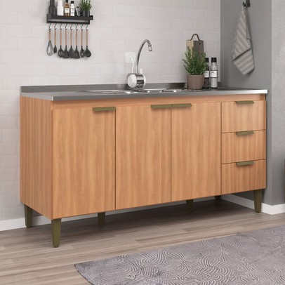 Balcão de Cozinha para Pia 160 Cm Sara 3 Portas 3 Gavetas Freijó - Jcarvalho