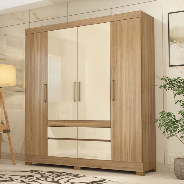 Guarda-Roupa Casal Bilbao 4 Portas 4 Gavetas Amêndola/Off White - Demóbile