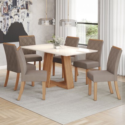 Mesa de Jantar 6 Lugares Lins Nature/Off White/Bege - Henn