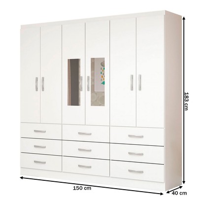 Guarda-Roupa Solteiro Bergamo 6 Portas 9 Gavetas com Espelho Branco - Evidencia Móveis