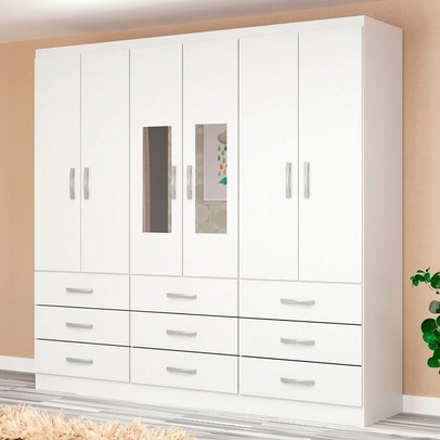 Guarda-Roupa Solteiro Bergamo 6 Portas 9 Gavetas com Espelho Branco - Evidencia Móveis