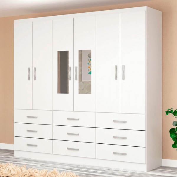 Guarda-Roupa Solteiro Bergamo 6 Portas 9 Gavetas com Espelho Branco - Evidencia Móveis