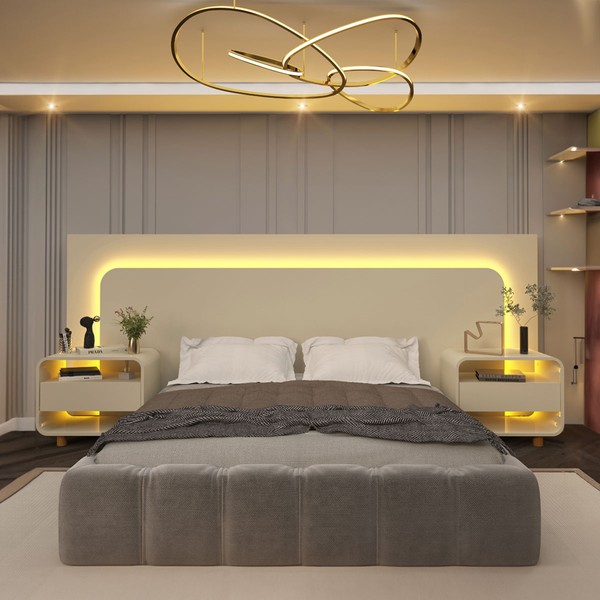 Cabeceira Extensível Innova 2 Gavetas com Led 100% Mdf Off White - Gelius