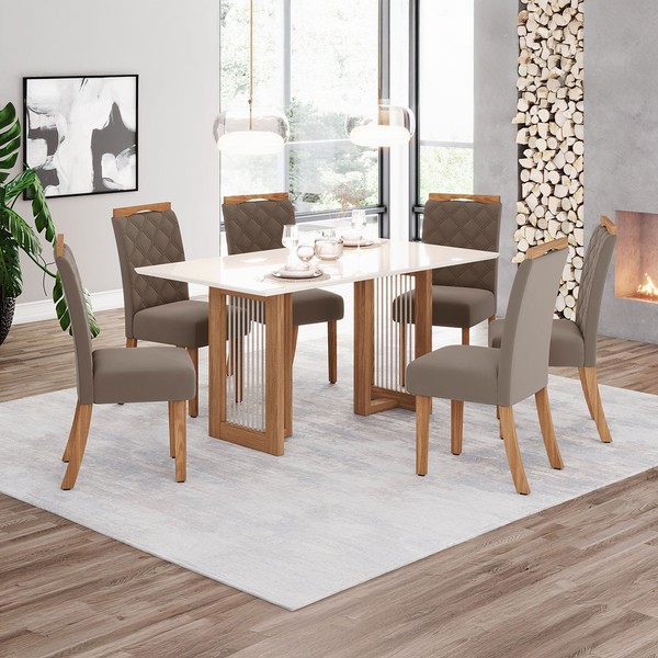 Mesa de Jantar 6 Lugares Yara Nature/Off White/Marrom Amêndoa - Henn