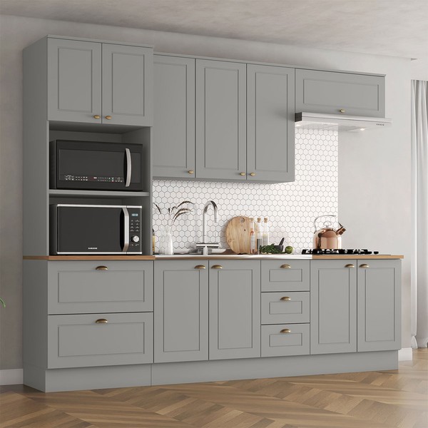 Cozinha Completa Americana 10 Portas 5 Gavetas 100% Mdf Cinza Hp/Nature - Henn