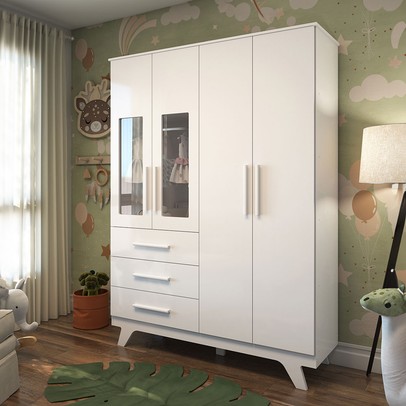 Guarda-Roupa de Bebê Retrô 4 Portas 3 Gavetas 100% Mdf Branco Brilho - Móveis Peroba