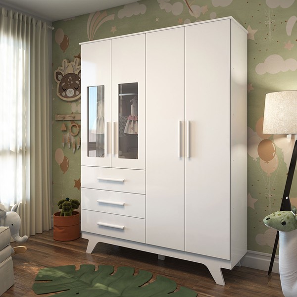Guarda-Roupa de Bebê Retrô 4 Portas 3 Gavetas 100% Mdf Branco Brilho - Móveis Peroba