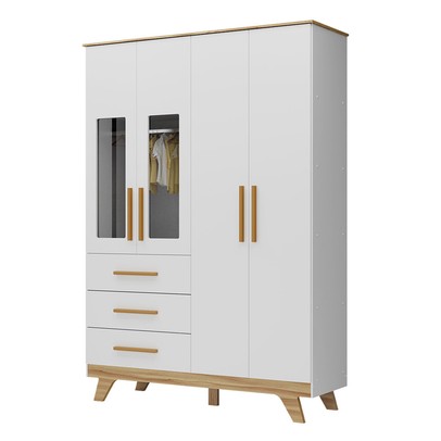 Guarda-Roupa de Bebê Retrô 4 Portas 3 Gavetas 100% Mdf Branco Brilho/Amêndoa - Móveis Peroba