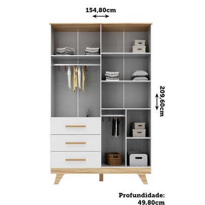 Guarda-Roupa de Bebê Retrô 4 Portas 3 Gavetas 100% Mdf Branco Brilho/Amêndoa - Móveis Peroba