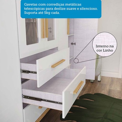 Guarda-Roupa de Bebê Retrô 4 Portas 3 Gavetas 100% Mdf Branco Brilho/Amêndoa - Móveis Peroba