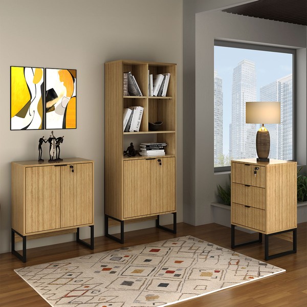 Escritorio Completo Space 4 Portas 3 Gavetas Amendoa/Preto - Pnr Móveis