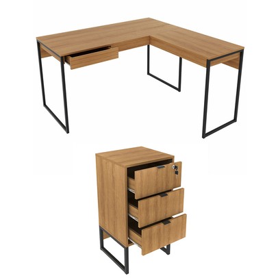 Conjunto Home Office 2 Peças com 1 Mesa e 1 Gaveteiro para Escritório Amêndoa/Preto - Pnr Móveis