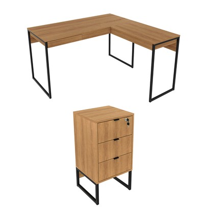 Conjunto Home Office 2 Peças com 1 Mesa e 1 Gaveteiro para Escritório Amêndoa/Preto - Pnr Móveis