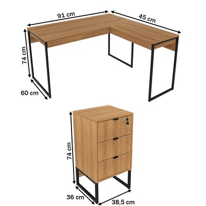 Conjunto Home Office 2 Peças com 1 Mesa e 1 Gaveteiro para Escritório Amêndoa/Preto - Pnr Móveis