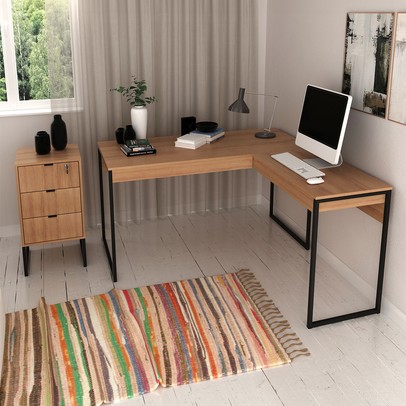 Conjunto Home Office 2 Peças com 1 Mesa e 1 Gaveteiro para Escritório Amêndoa/Preto - Pnr Móveis