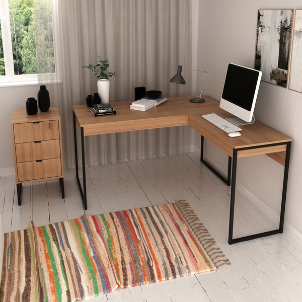 Conjunto Home Office 2 Peças com 1 Mesa e 1 Gaveteiro para Escritório Amêndoa/Preto - Pnr Móveis