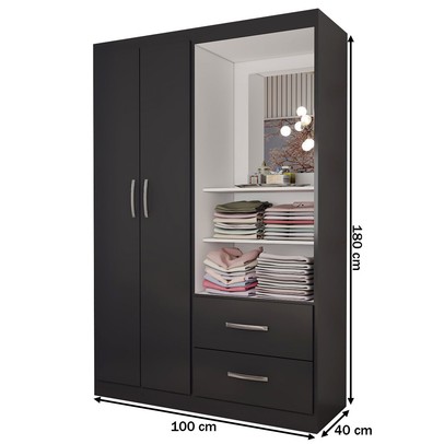 Guarda-Roupa Infantil Gabe 2 Portas 2 Gavetas com Espelho Black - Panorama Móveis