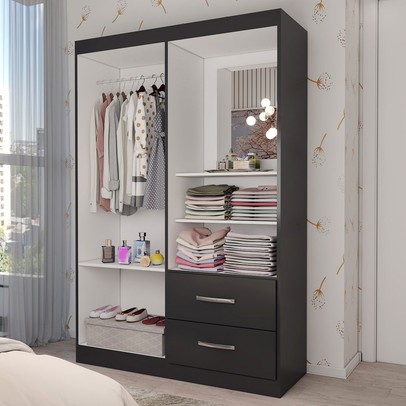 Guarda-Roupa Infantil Gabe 2 Portas 2 Gavetas com Espelho Black - Panorama Móveis