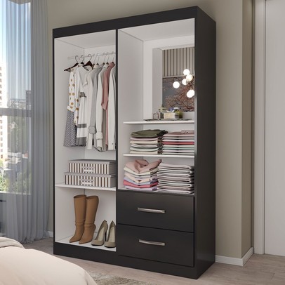 Guarda-Roupa Solteiro Gabe 2 Portas 2 Gavetas com Espelho Black - Panorama Móveis