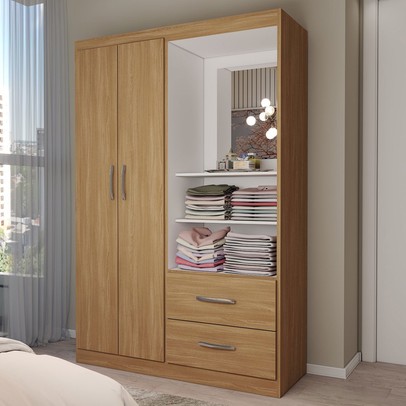 Guarda-Roupa Solteiro Gabe 2 Portas 2 Gavetas com Espelho Cinamomo - Panorama Móveis