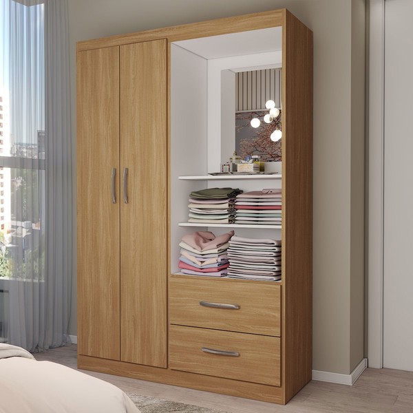 Guarda-Roupa Solteiro Gabe 2 Portas 2 Gavetas com Espelho Cinamomo - Panorama Móveis