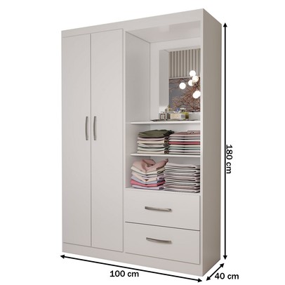 Guarda-Roupa Solteiro Gabe 2 Portas 2 Gavetas com Espelho Branco - Panorama Móveis