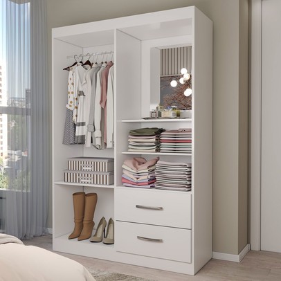 Guarda-Roupa Solteiro Gabe 2 Portas 2 Gavetas com Espelho Branco - Panorama Móveis