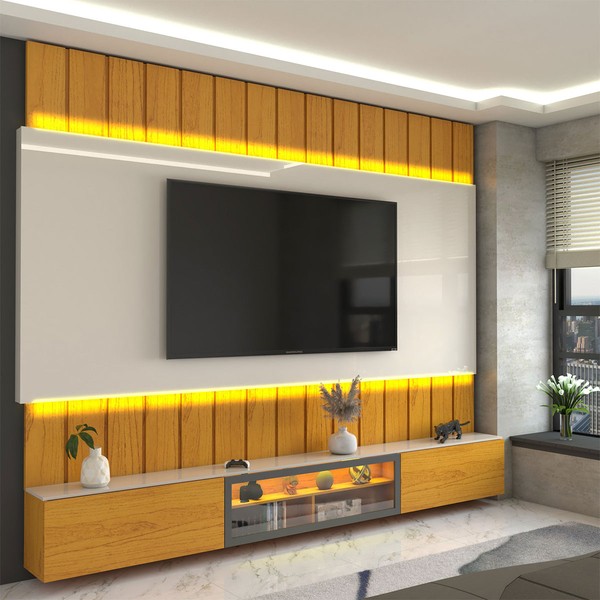 Painel para TV 85 Polegadas Imperator 3 Portas 100% Mdf com Led Naturale/Off White - Panorama Móveis