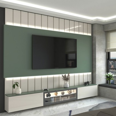 Painel para TV 85 Polegadas Imperator 3 Portas 100% Mdf com Led Off White/Verde - Panorama Móveis